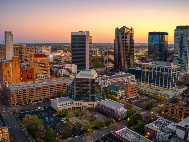An aerial view of Birmingham, AL, home of Alabama Motor Accident Attorneys, a car accident law firm fighting for your rights.